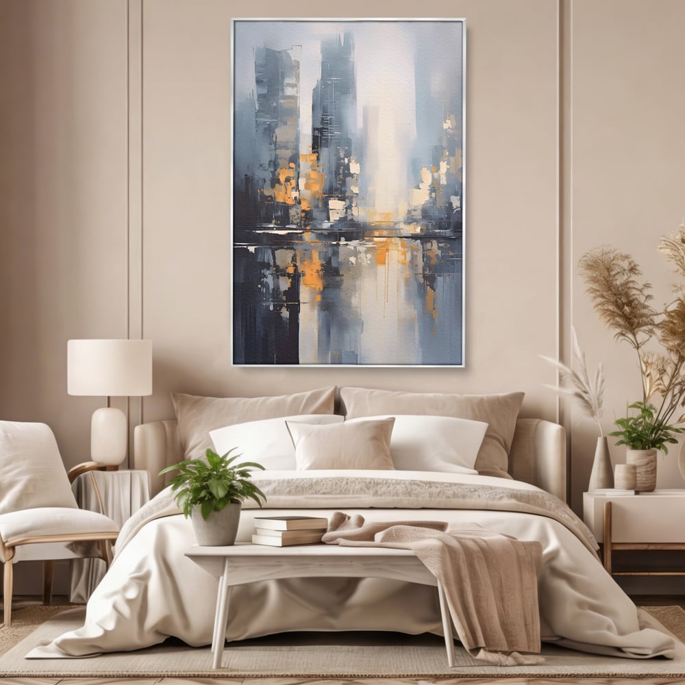 Tablou canvas cu pictura abstracta cu cladiri si reflexii, in rama de aluminiu argintiu, pe perete intr-un dormitor